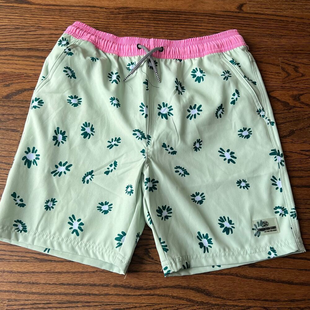 New Sovereign Code Lined Teen Boy Green Pink Swim Trunks Bottoms 18-20